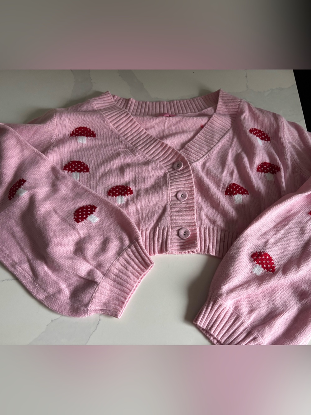 Sugar Thrillz Pink Cropped Cardigan with Red Mushroom Motifs